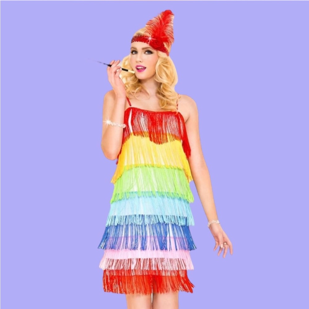 Rainbow Fringe Flapper Dress with Red Feather Headband costume